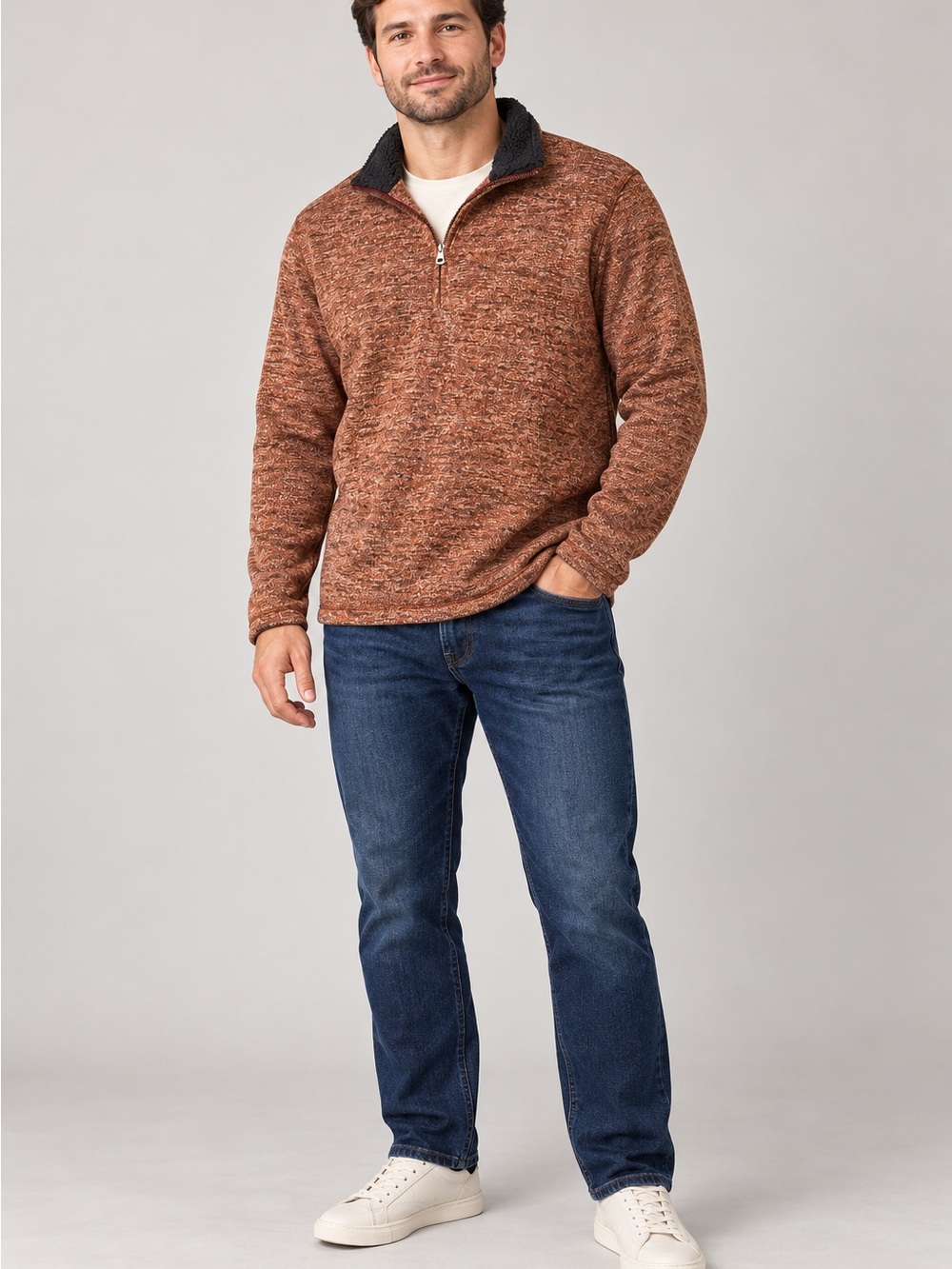 Weatherproof Men's Zip-Up Sweater in Brown Heather with Black Collar